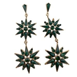 Dangle Starburst Earrings Green Rhinestone Gold Tone Drop Statement Earrings